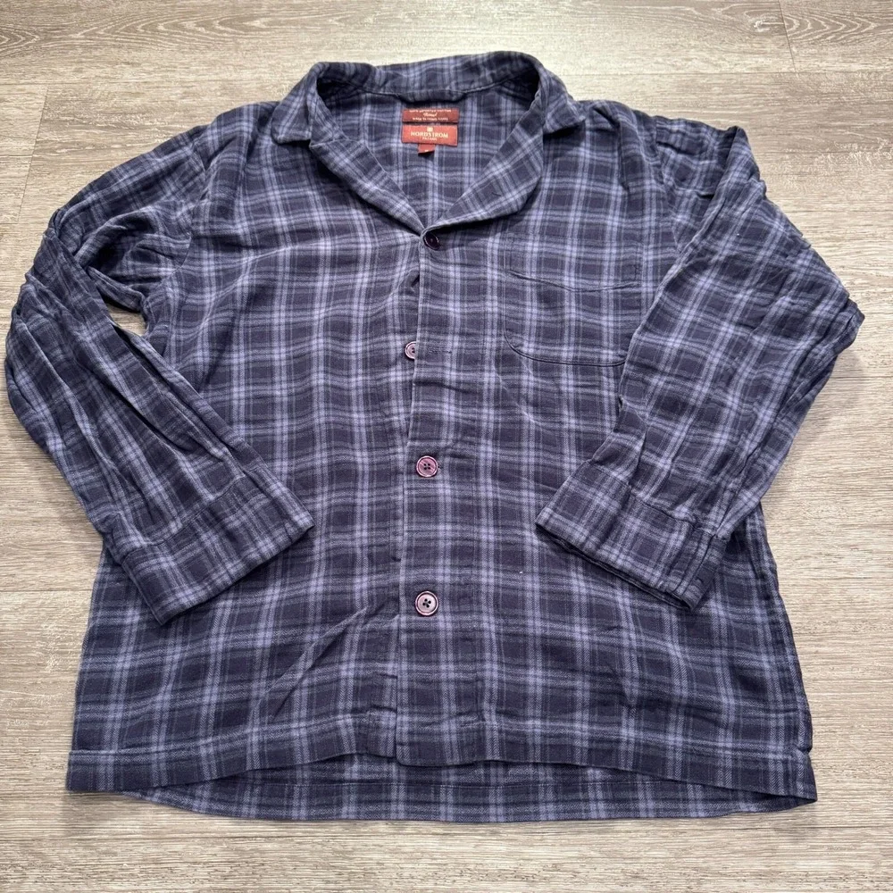 Nordstrom Pajama Top Women M Purple Plaid Cotton Flannel Sleep Shirt Loungewear